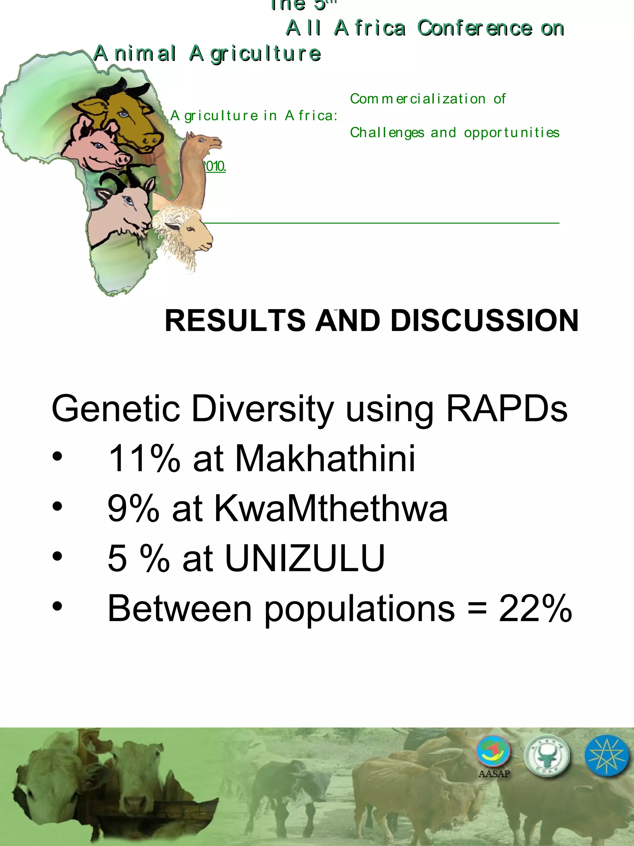 The 5The 5thth
A l l A fr ica Confer ence onA l l A fr ica Confer ence on
A nim al A gr icu l tu r eA nim al A gr icu l tu r e
Com m er ci al i zati on of
L i v estock A gr i cu l tu r e i n A fr i ca:
Chal l enges and oppor tu ni ti es
October 25-28, 2010.
RESULTS AND DISCUSSION
Genetic Diversity using RAPDs
• 11% at Makhathini
• 9% at KwaMthethwa
• 5 % at UNIZULU
• Between populations = 22%
 