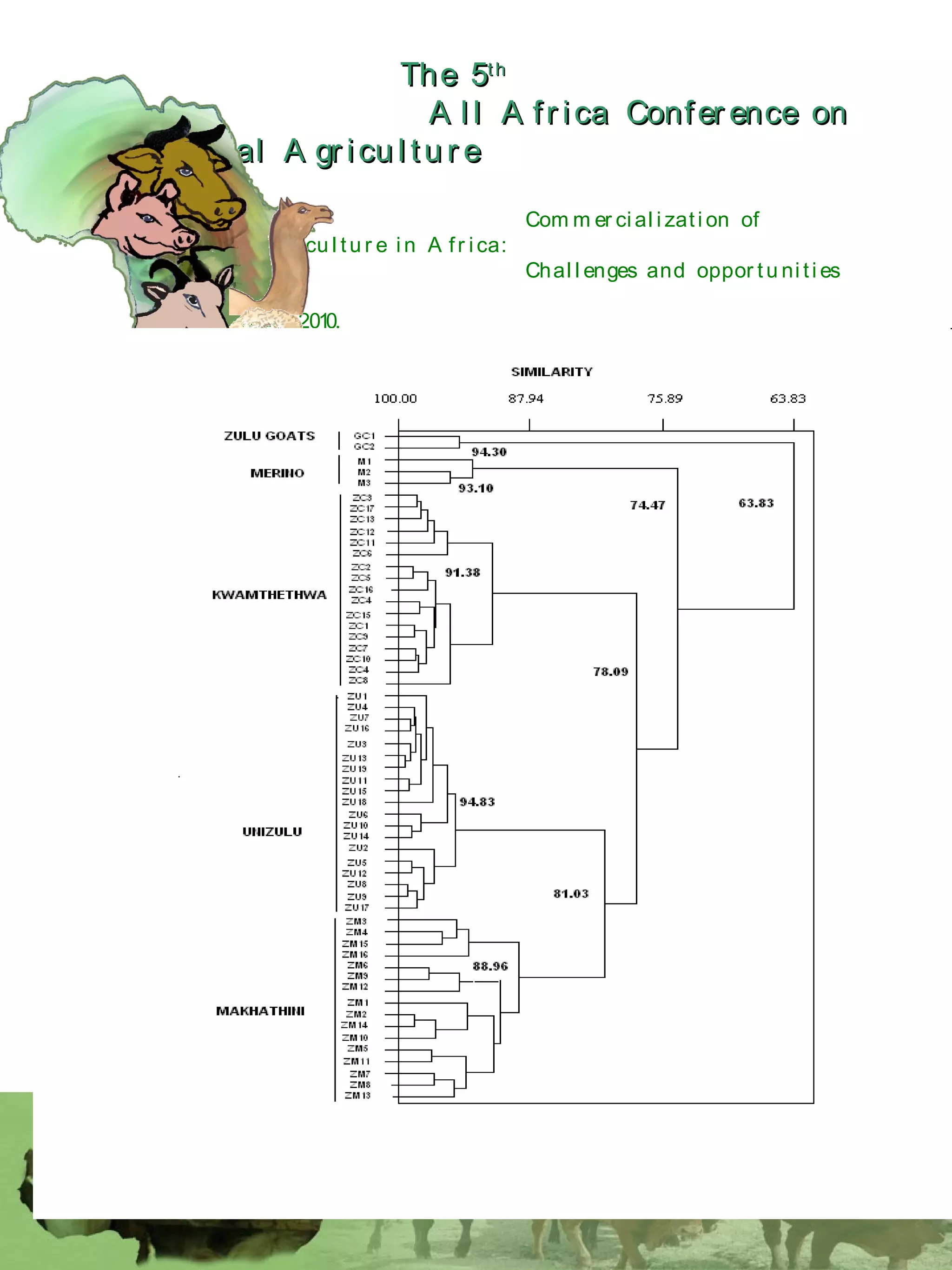 The 5The 5thth
A l l A fr ica Confer ence onA l l A fr ica Confer ence on
A nim al A gr icu l tu r eA nim al A gr icu l tu r e
Com m er ci al i zati on of
L i v estock A gr i cu l tu r e i n A fr i ca:
Chal l enges and oppor tu ni ti es
October 25-28, 2010.
 