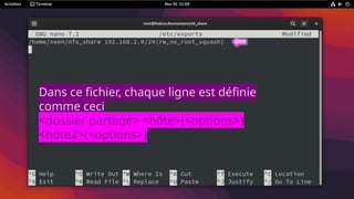 Dans ce fichier, chaque ligne est définie
comme ceci
<dossier partagé> <hôte>(<options>)
<hôte2>(<options>)
 