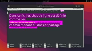 Dans ce fichier, chaque ligne est définie
comme ceci
<dossier partagé> <hôte>(<options>)
<hôte2>(<options>)
chemin menant au dossier partagé
 