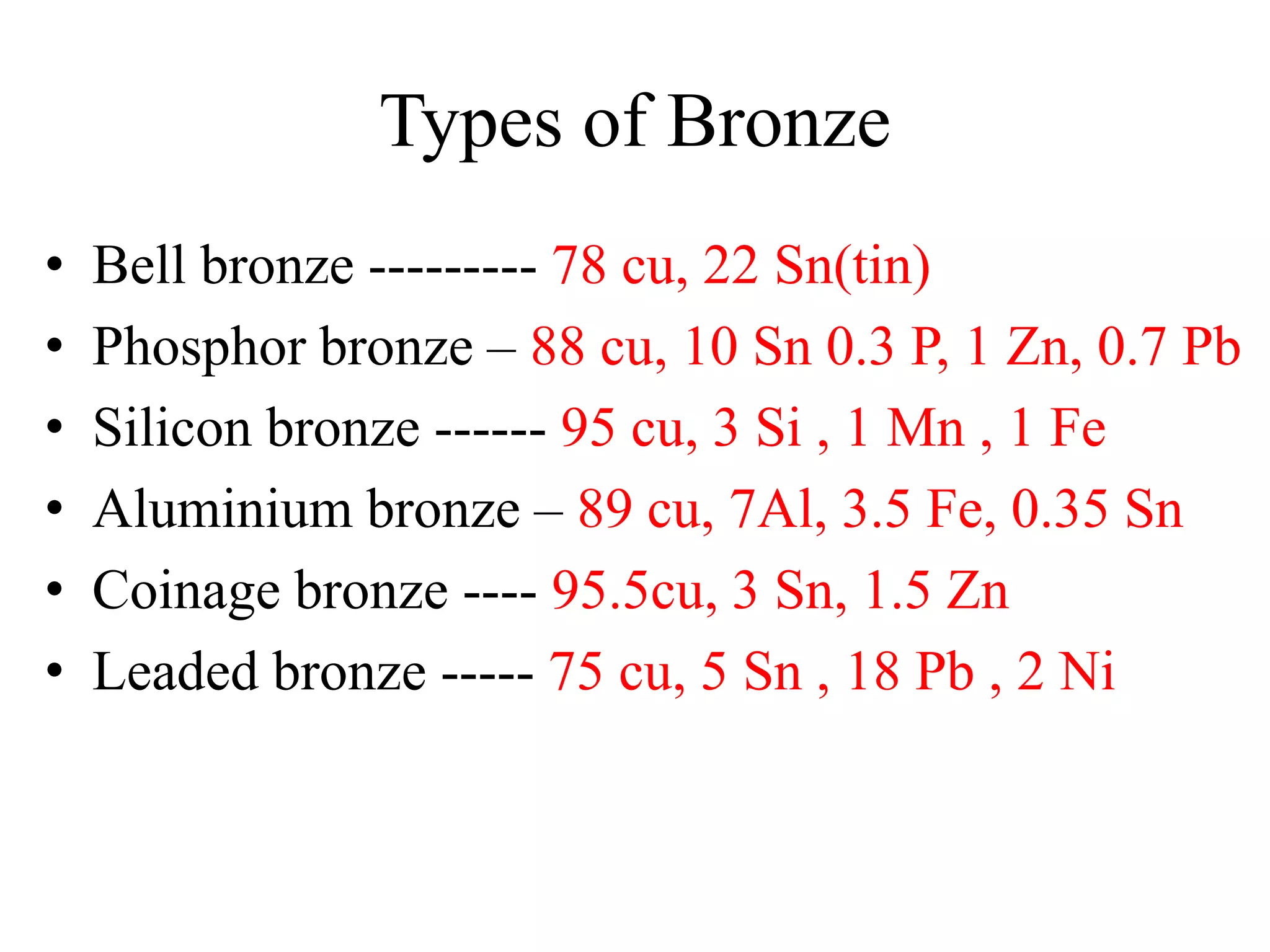 Types of Bronze
• Bell bronze --------- 78 cu, 22 Sn(tin)
• Phosphor bronze – 88 cu, 10 Sn 0.3 P, 1 Zn, 0.7 Pb
• Silicon bronze ------ 95 cu, 3 Si , 1 Mn , 1 Fe
• Aluminium bronze – 89 cu, 7Al, 3.5 Fe, 0.35 Sn
• Coinage bronze ---- 95.5cu, 3 Sn, 1.5 Zn
• Leaded bronze ----- 75 cu, 5 Sn , 18 Pb , 2 Ni
 