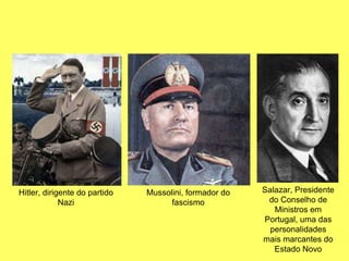 Hitler, dirigente do partido Nazi Mussolini, formador do fascismo Salazar, Presidente do Conselho de Ministros em Portugal, uma das personalidades mais marcantes do Estado Novo 