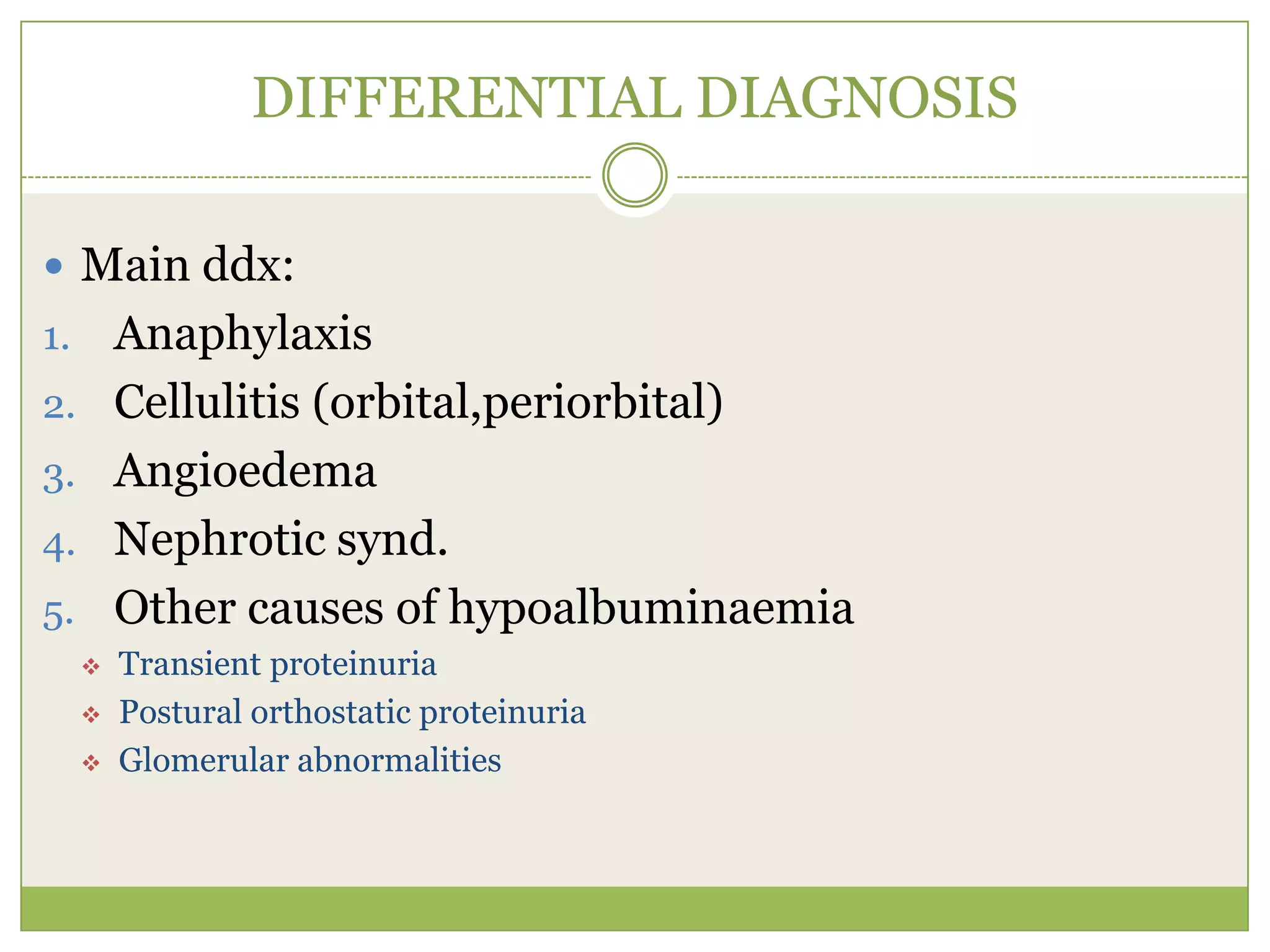 Edema:- under fill theory: hypoalbuminemia- over fill theory:↑ tubular NaClreabsorption secondary to RAAS -> intravascular expansion -> fluid shift following pressure gradient Hypercholesterolemia   - hypopratenemia -> hepatic lipoprotein synthesis     ->  ↑serum lipid (cholesterol, lipoprotein) -> lipid      metabolism 
