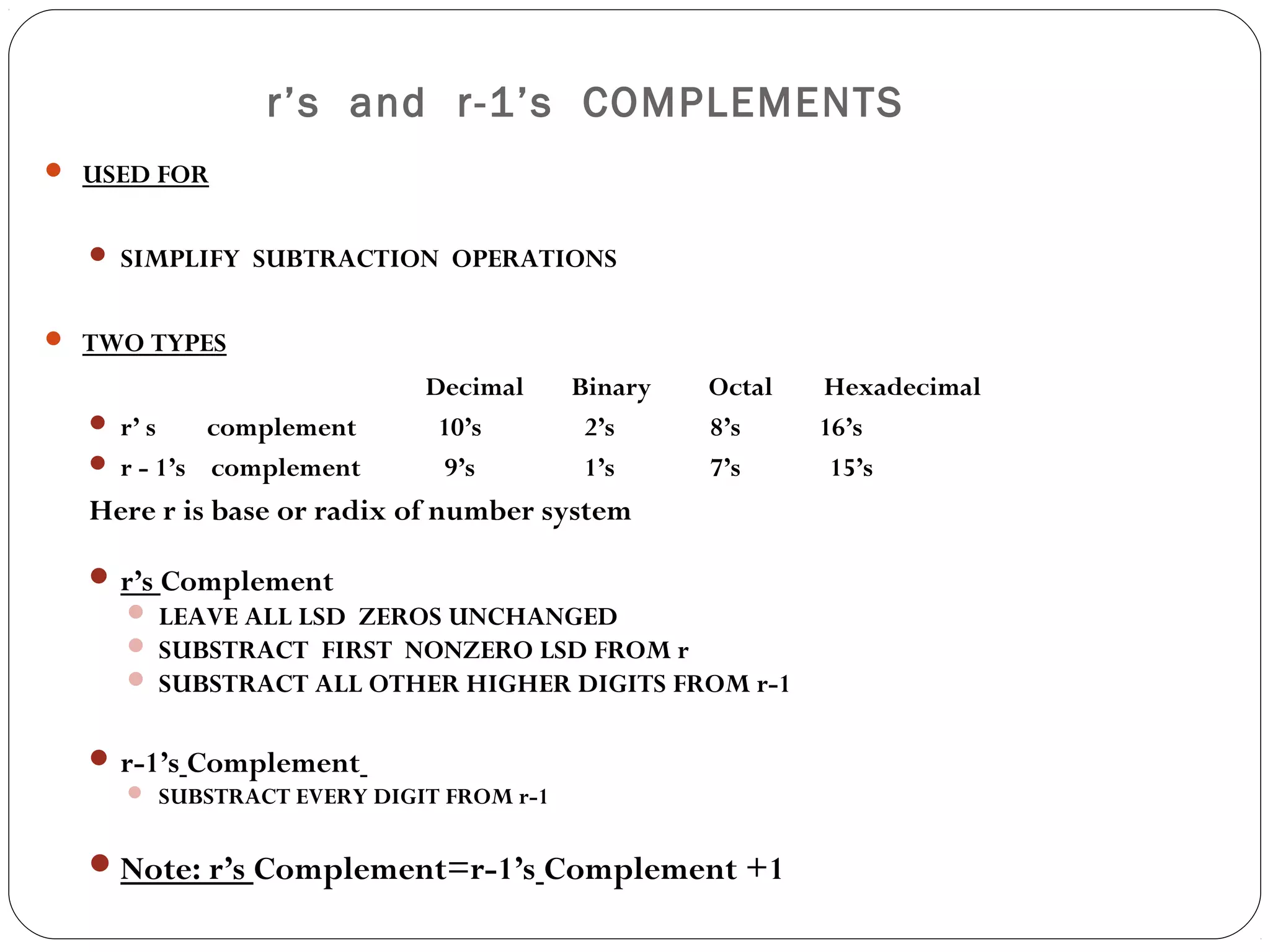 r’s and r-1’s COMPLEMENTS
 USED FOR
 SIMPLIFY SUBTRACTION OPERATIONS
 TWO TYPES
Decimal Binary Octal Hexadecimal
 r’ s complement 10’s 2’s 8’s 16’s
 r - 1’s complement 9’s 1’s 7’s 15’s
Here r is base or radix of number system
 r’s Complement
 LEAVE ALL LSD ZEROS UNCHANGED
 SUBSTRACT FIRST NONZERO LSD FROM r
 SUBSTRACT ALL OTHER HIGHER DIGITS FROM r-1
 r-1’s Complement
 SUBSTRACT EVERY DIGIT FROM r-1
Note: r’s Complement=r-1’s Complement +1
 