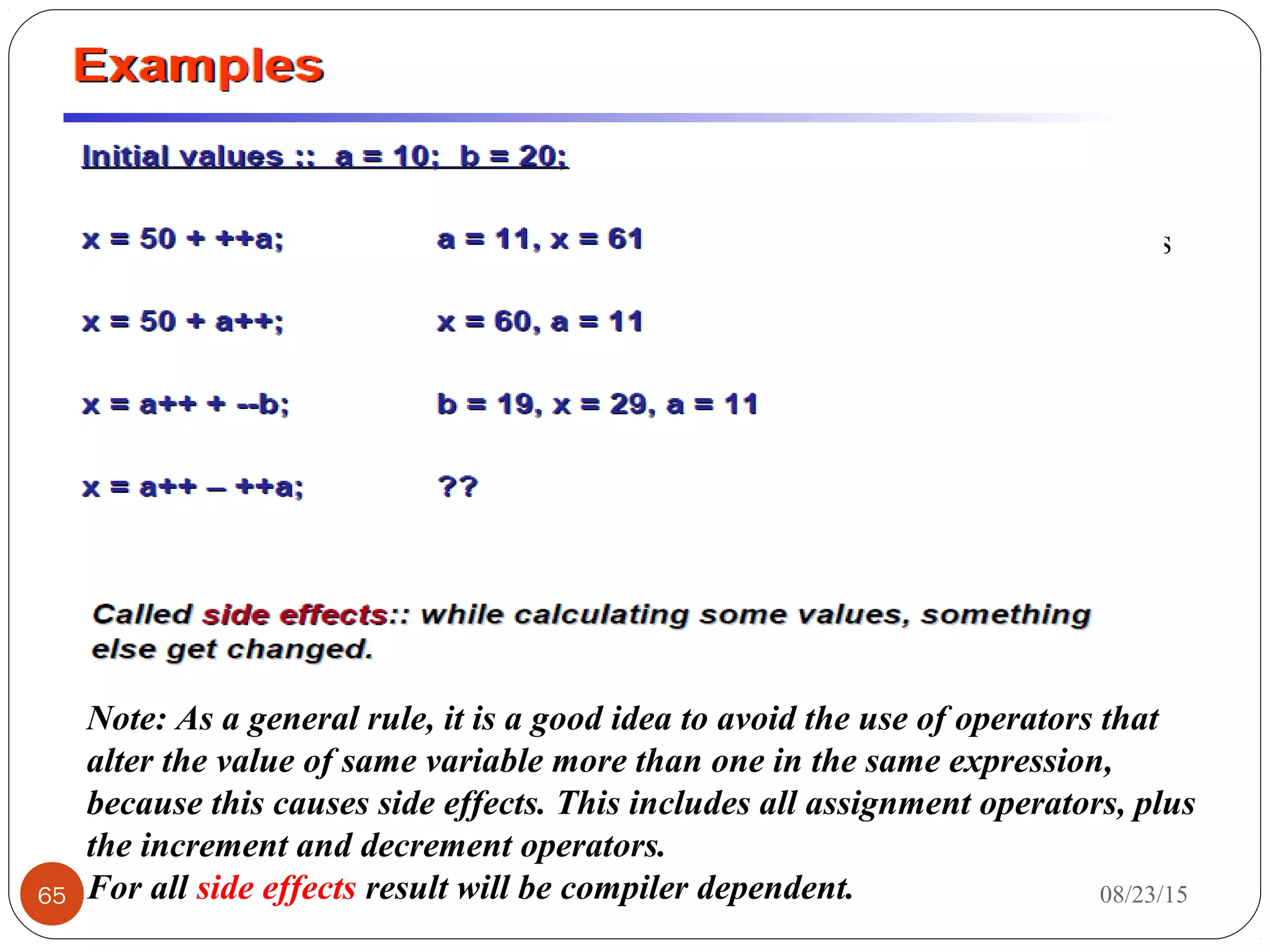 As a general rule, it is a good idea to avoid the use operators
that cause side effects inside of compound expressions. This
includes all assignment operators, plus the increment and
decrement operators.
08/23/1565
Note: As a general rule, it is a good idea to avoid the use of operators that
alter the value of same variable more than one in the same expression,
because this causes side effects. This includes all assignment operators, plus
the increment and decrement operators.
For all side effects result will be compiler dependent.
 