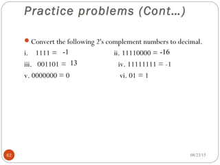 Practice problems (Cont…)
Convert the following 2's complement numbers to decimal.
i. 1111 = ii. 11110000 =
iii. 001101 = iv. 11111111 = -1
v. 0000000 = 0 vi. 01 = 1
08/23/1562
-1 -16
13
 