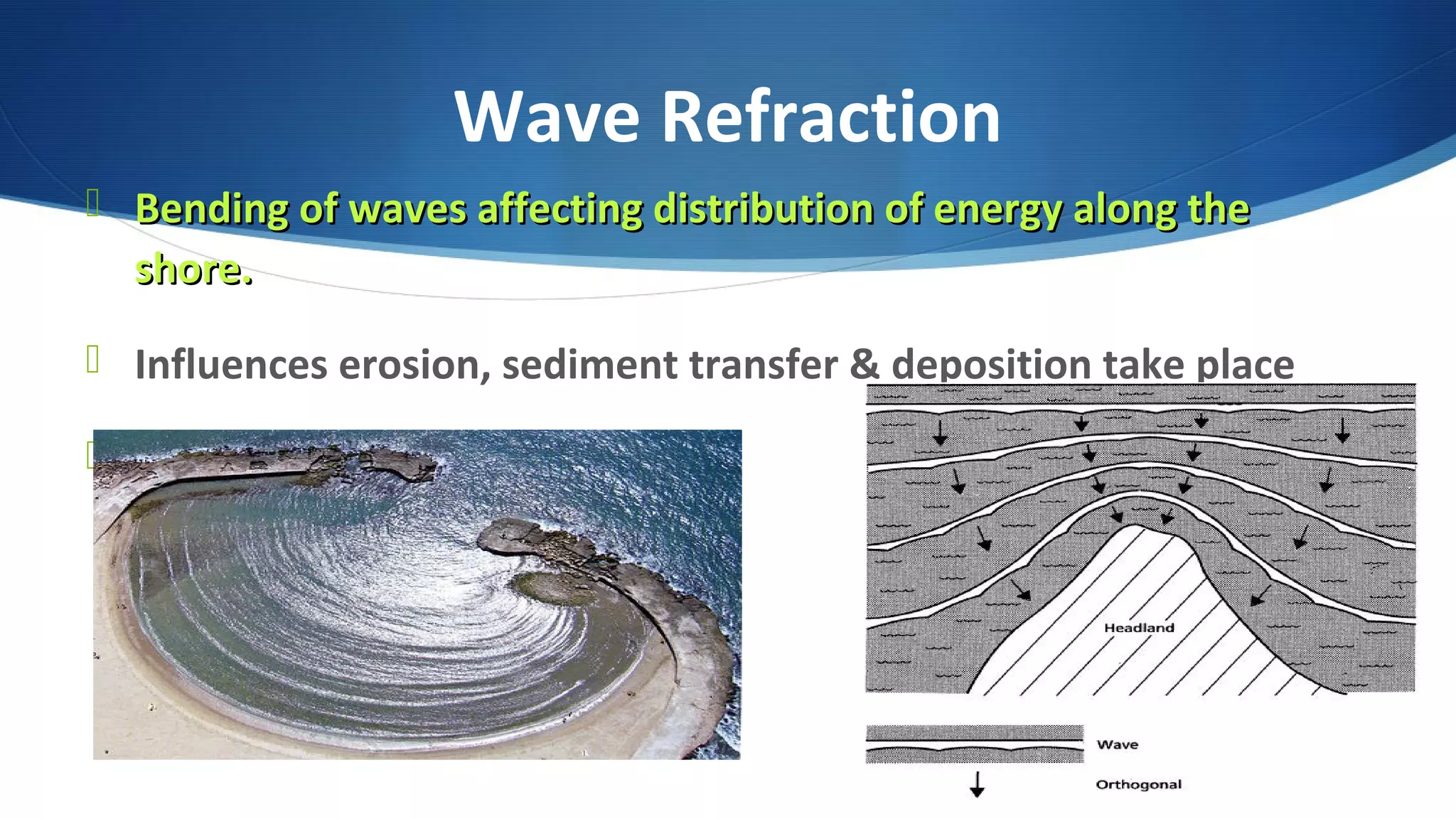 Wave Refraction
 Bending of waves affecting distribution of energy along theBending of waves affecting distribution of energy along the
shore.shore.
 Influences erosion, sediment transfer & deposition take place
 Concentrated at headlands
 
