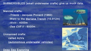 SUBMERSIBLES (small underwater crafts) give us much data.
Manned crafts:
-Trieste - Jacques Piccard (1960)
-Went to the Mariana Trench (10,912m)
-Alvin - 4000m
-Sea Cliff II - 6000m
Unmanned crafts:
called AUVs
(autonomous underwater vehicles)
Deep Sea Exploring
 