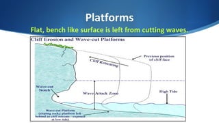 Platforms
Flat, bench like surface is left from cutting waves.
 