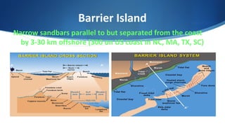 Barrier Island
Narrow sandbars parallel to but separated from the coast
by 3-30 km offshore (300 on US coast in NC, MA, TX, SC)
 