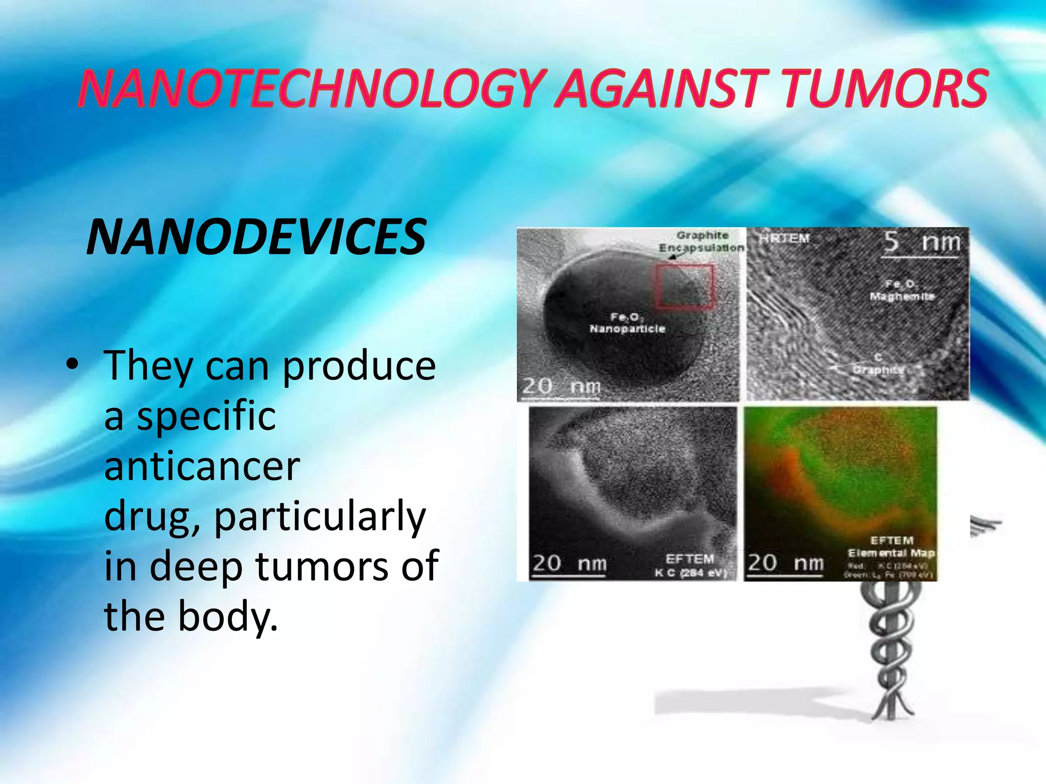 NANODEVICES

• They can produce
  a specific
  anticancer
  drug, particularly
  in deep tumors of
  the body.
 