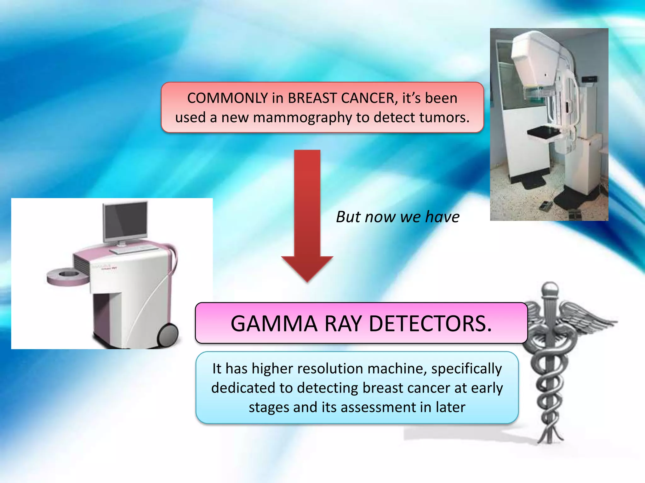 COMMONLY in BREAST CANCER, it’s been
used a new mammography to detect tumors.




                       But now we have




       GAMMA RAY DETECTORS.
    It has higher resolution machine, specifically
    dedicated to detecting breast cancer at early
          stages and its assessment in later
 