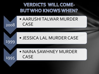 2008
• AARUSHITALWAR MURDER
CASE
1999
• JESSICA LAL MURDER CASE
1995
• NAINA SAWHNEY MURDER
CASE
 