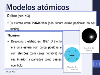 Rutherford (cientista neozelandês)
O átomo era constituído por:
 Um núcleo, com protões com carga positiva, e por eletrõe...