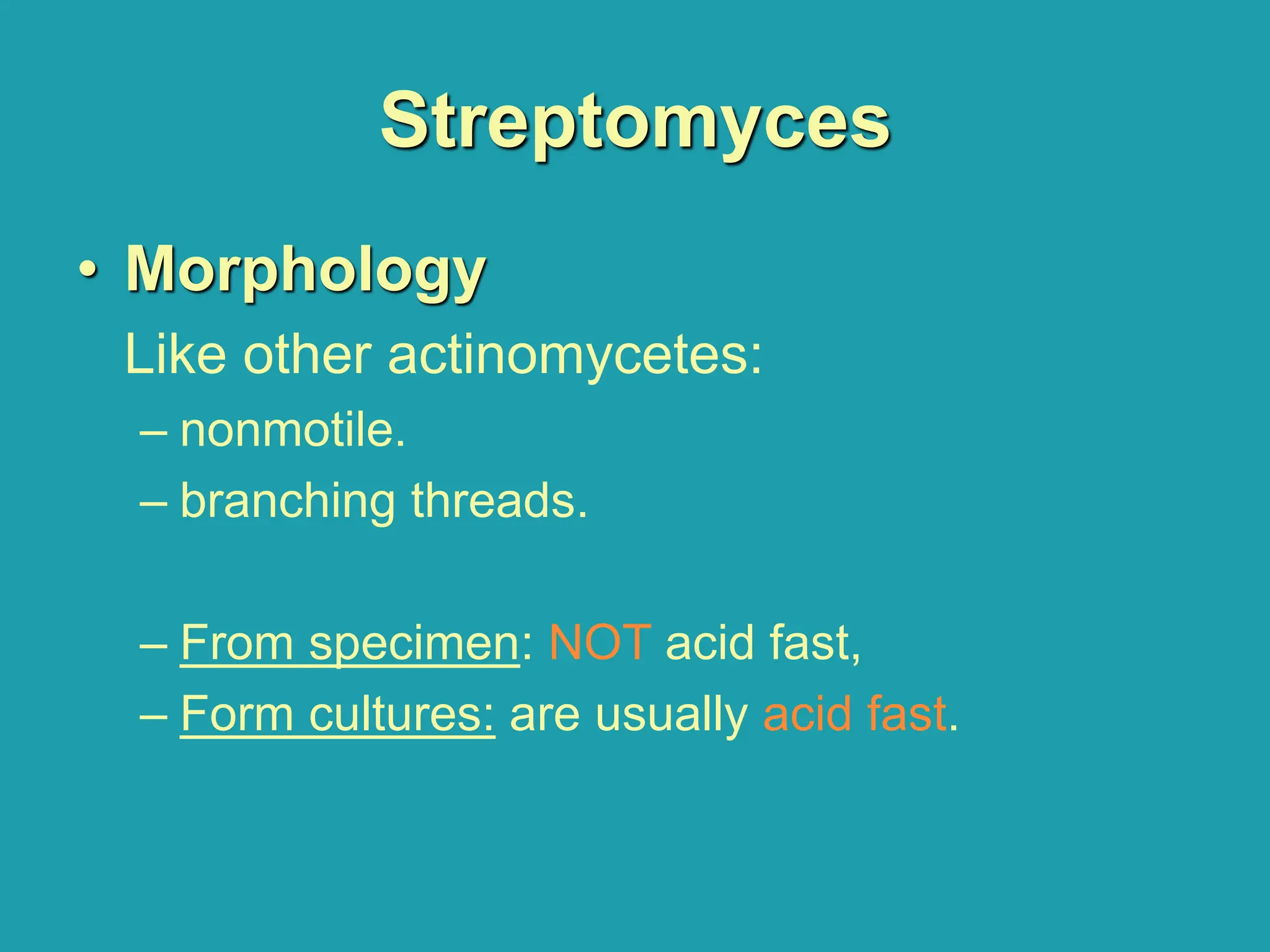 Streptomyces
• Morphology
Like other actinomycetes:
– nonmotile.
– branching threads.
– From specimen: NOT acid fast,
– Form cultures: are usually acid fast.
 