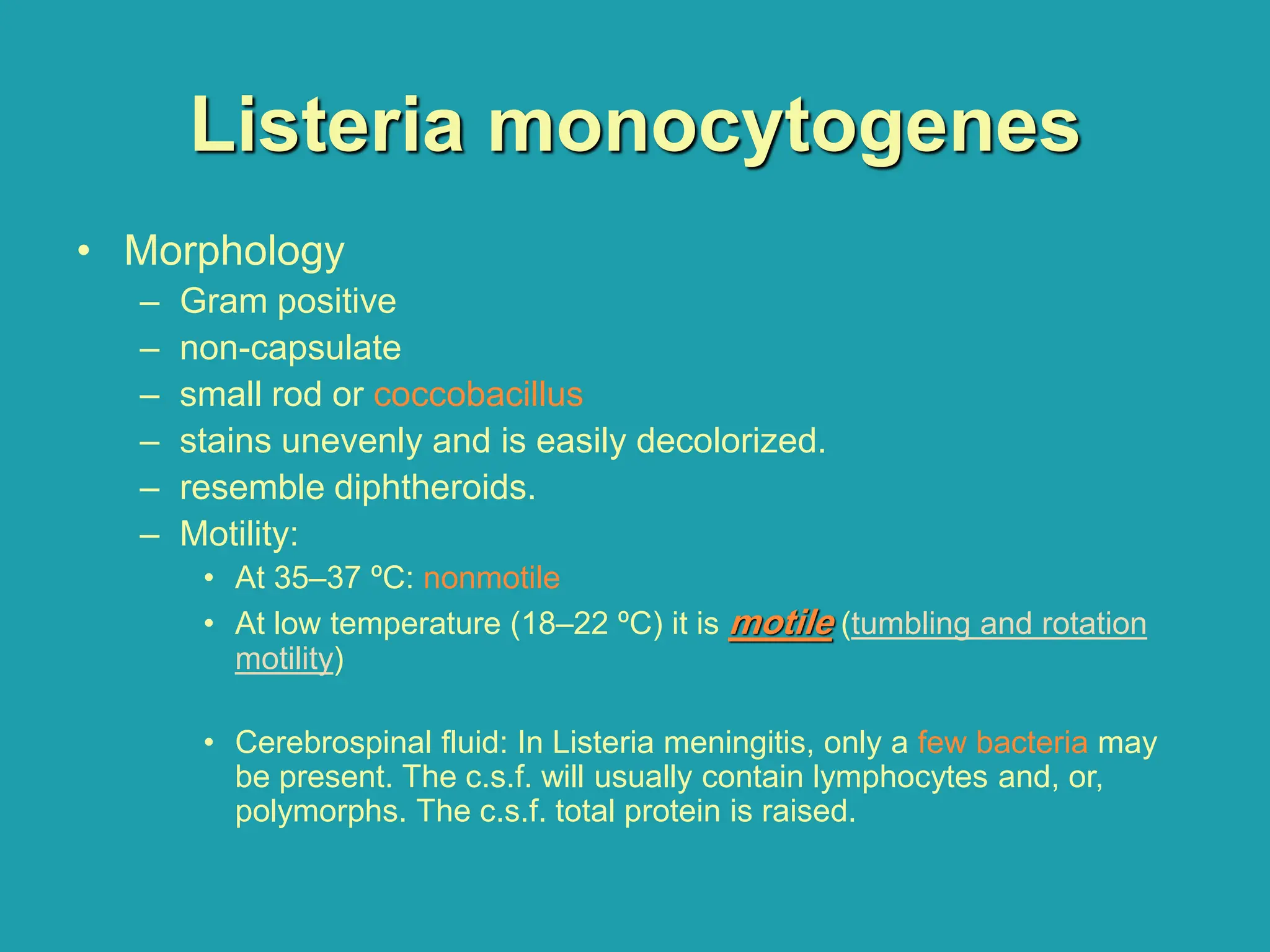 Listeria monocytogenes
• Morphology
– Gram positive
– non-capsulate
– small rod or coccobacillus
– stains unevenly and is easily decolorized.
– resemble diphtheroids.
– Motility:
• At 35–37 ºC: nonmotile
• At low temperature (18–22 ºC) it is motile (tumbling and rotation
motility)
• Cerebrospinal fluid: In Listeria meningitis, only a few bacteria may
be present. The c.s.f. will usually contain lymphocytes and, or,
polymorphs. The c.s.f. total protein is raised.
 
