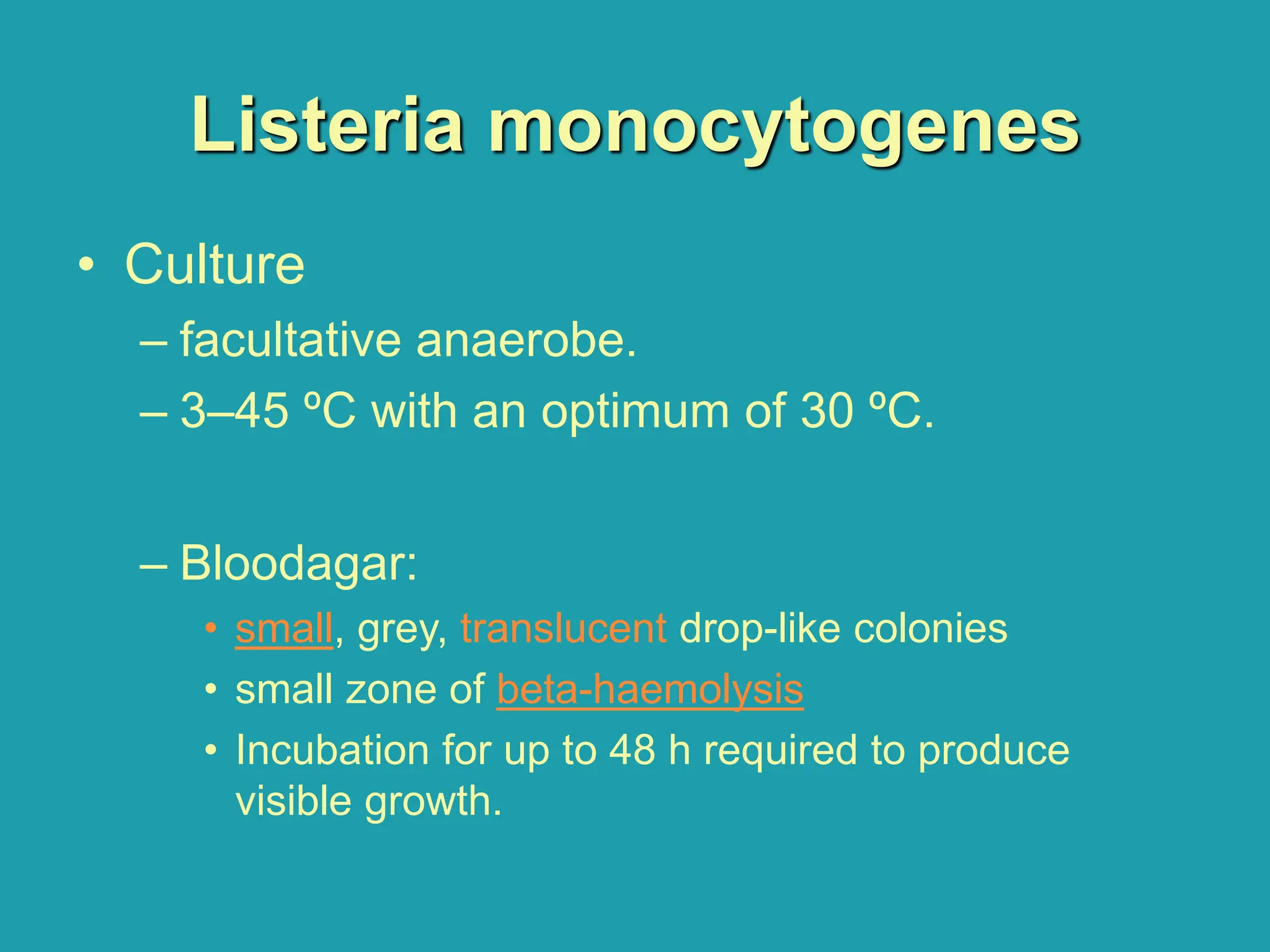 Listeria monocytogenes
• Culture
– facultative anaerobe.
– 3–45 ºC with an optimum of 30 ºC.
– Bloodagar:
• small, grey, translucent drop-like colonies
• small zone of beta-haemolysis
• Incubation for up to 48 h required to produce
visible growth.
 