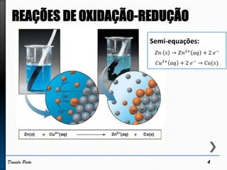 Semi-equações:
𝑍𝑛 𝑠 → 𝑍𝑛2+
𝑎𝑞 + 2 𝑒−
𝐶𝑢2+ 𝑎𝑞 + 2 𝑒− → 𝐶𝑢(𝑠)
4Daniela Pinto
 