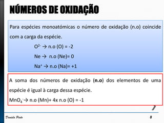 Para espécies monoatómicas o número de oxidação (n.o) coincide
com a carga da espécie.
O2- → n.o (O) = -2
Ne → n.o (Ne)= 0
Na+ → n.o (Na)= +1
A soma dos números de oxidação (n.o) dos elementos de uma
espécie é igual à carga dessa espécie.
MnO4
-→ n.o (Mn)+ 4x n.o (O) = -1
8Daniela Pinto
 