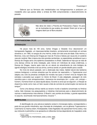 Parasitologia II
427
Sabe-se que os fármacos são metabolizados nos hidrogenossomos e produzem um
metabólito ativo que parece afetar a síntese de DNA comprometendo o desenvolvimento do
parasito.
FIQUE LIGADO!!!
Não deixe de visitar a Prancha de Protozoários (Tópico 10) para
ver as ilustrações do que acabou de estudar! Dizem por aí que as
imagens falam por si! Bons estudos!
7.TRYPANOSOMA CRUZI
INTRODUÇÃO
Há pouco mais de 100 anos, Carlos Chagas e Oswaldo Cruz descreveram um
hemoparasito flagelado, um tripanossomatídeo brasileiro, primeiramente encontrado em animais
silvestres e, em 1909, no sangue de uma menina, então com dois anos de idade. Esta menina, a
Berenice, viveu com Doença de Chagas por mais de 70 anos e faleceu por causa de um acidente
vascular cerebral. Mas à época dos dois grandes sanitaristas, os especialistas acreditavam que a
Doença de Chagas seria uma epidemia avassaladora no Brasil. Sabendo-se hoje que se trata de
uma doença crônica de lenta instalação, pelo menos em indivíduos de áreas endêmicas, a
Doença de Chagas, mesmo após mais de um século do entendimento do ciclo biológico do
agente etiológico envolvido e de sua clínica, continua sendo um grande desafio para a saúde.
No início do século passado, com a destruição das matas, habitat natural dos barbeiros
(vetores biológicos) e animais silvestres que lhe serviam de reservatório, o Trypanosoma cruzi
adaptou seu ciclo às precárias condições de moradia nas quais o homem vivia às margens das
estradas e povoados que surgiam no interior do Brasil. A esta adaptação, passagem do ciclo
zoonótico para o ciclo antropozoonótico, chamamos de sinantropia (sin = juntar, unir; antropo =
homem). Inúmeros foram os casos àquela época. Durante os anos que se seguiram, a infecção se
disseminou tendo como mais um fator causal a falta de controle da contaminação nos bancos de
sangue 9
Como uma doença crônica restrita ao terceiro mundo e bastante concentrada na América
Latina, falta interesse nos pesquisadores e indústrias internacionais para o desenvolvimento de
vacinas e medicamentos mais efetivos. O Brasil é, sem sombra de dúvidas, o grande especialista
no assunto, reconhecido internacionalmente, inclusive 10
.
MORFOLOGIA
A identificação de uma estrutura bastante corável à microscopia óptica, correspondente a
parte de sua grande mitocôndria, aqui chamada de cinetoplasto, une os gêneros Trypanosoma e
Leishmania na mesma ordem, Kinetoplastida. Estes flagelados não apresentam forma cística, mas
seu trofozoíto é polimórfico e se apresenta em diferentes formas dependendo do hospedeiro onde
9
DIAS, 2006.
10
AMATO-NETO; PASTERNAK, 2009; e DIAS, 2006.
 