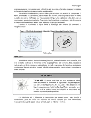 Parasitologia II
417
corantes usuais na microscopia (lugol e tricrômio, por exemplo), chamados corpos cromatoides,
em formato de bastões com extremidades arredondadas.
Devido à enorme semelhança entre os estágios evolutivos das amebas E. histolytica e E.
dispar, encontradas na luz intestinal, os resultados dos exames parasitológicos de fezes de rotina,
baseados apenas na morfologia, são incapazes de distinguir uma espécie da outra, de modo que
o laudo assim apresenta o resultado: Entamoeba histolytica/dispar, ressaltando o fato de que uma
ou mesmo as duas espécies podem estar presentes na amostra analisada.
Observe as ilustrações a seguir sobre a morfologia das amebas do complexo E.
histolytica/dispar:
Figura 1: Morfologia do trofozoíto (A) e cisto (B) de Entamoeba histolytica/dispar:
A) B)
Fonte: Autor.
FISIOLOGIA
A ameba se alimenta por endocitose de partículas, preferencialmente ricas em amido, mas
pode endocitar bactérias da microbiota normal ou patogênica e até hemácias. São protozoários
muito simples, onde o endossomo logo após ser formado no processo de fagocitose, se desfaz e
o restante da digestão se dá no citossol. Não há outras organelas membranosas no citoplasma,
exceto o núcleo.
TÁ NA WEB!!!
TÁ NA WEB: Fazemos uma ideia um tanto equivocada sobre
como as amebas se alimentam. A fagocitose e os pseudópodes
não são bem como pensamos. Se não, veja o vídeo disponível em
http://www.youtube.com/watch?v=Gg-Cagp1FLM, acessado em:
27 mai. 2012, e observe como um trofozoíto se locomove e se
alimenta. Você pode se surpreender!
Os trofozoítos da E. histolytica se reproduzem por divisão binária, mas, durante o
encistamento, pode ter início um processo de divisão múltipla que será interrompido,
invariavelmente, quando o cisto estiver formado, com no máximo 4 núcleos.
 
