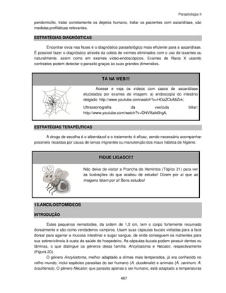 Parasitologia II
467
peridomicílio, tratar corretamente os dejetos humano, tratar os pacientes com ascaridíase, são
medidas profiláticas relevantes.
ESTRATÉGIAS DIAGNÓSTICAS
Encontrar ovos nas fezes é o diagnóstico parasitológico mais eficiente para a ascaridíase.
É possível fazer o diagnóstico através da coleta de vermes eliminados com o uso de laxantes ou
naturalmente, assim como em exames vídeo-endoscópicos. Exames de Raios X usando
contrastes podem detectar o parasito graças às suas grandes dimensões.
TÁ NA WEB!!!
Acesse e veja os vídeos com casos de ascaridíase
elucidados por exames de imagem: a) endoscopia do intestino
delgado: http://www.youtube.com/watch?v=HOaZCkA8Zvk;
Ultrassonografia da vesícula biliar:
http://www.youtube.com/watch?v=OHVXaik6hgA.
ESTRATÉGIAS TERAPÊUTICAS
A droga de escolha é o albendazol e o tratamento é eficaz, sendo necessário acompanhar
possíveis recaídas por causa de larvas migrantes ou manutenção dos maus hábitos de higiene.
FIQUE LIGADO!!!
Não deixe de visitar a Prancha de Hemintos (Tópico 21) para ver
as ilustrações do que acabou de estudar! Dizem por aí que as
imagens falam por si! Bons estudos!
15.ANCILOSTOMÍDEOS
INTRODUÇÃO
Estes pequenos nematoides, da ordem de 1,0 cm, tem o corpo fortemente recurvado
dorsalmente e são como verdadeiros vampiros. Usam suas cápsulas bucais voltadas para a face
dorsal para agarrar a mucosa intestinal e sugar sangue, de onde conseguem os nutrientes para
sua sobrevivência à custa da saúde do hospedeiro. As cápsulas bucais podem possuir dentes ou
lâminas, o que distingue os gêneros desta família: Ancylostoma e Necator, respectivamente
(Figura 20).
O gênero Ancylostoma, melhor adaptado a climas mais temperados, já era conhecido no
velho mundo, inclui espécies parasitas do ser humano (A. duodenale) e animais (A. caninum, A.
braziliensis). O gênero Necator, que parasita apenas o ser humano, está adaptado a temperaturas
 