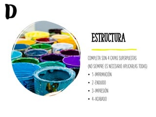 ESTRUCTURA
COMPLETA SON 4 CAPAS SUPERPUESTAS
(NO SIEMPRE ES NECESARIO APLICARLAS TODAS)
• 1-IMPRIMACIÓN
• 2-ENDUIDO
• 3-IMPRESIÓN
• 4-ACABADO
D
 