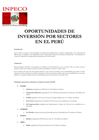 PORQUE INVERTIR EN PERU ADQUISICIONES DE EMPRESAS Y OPORTUNIDADES DE INVERSION EN PERU