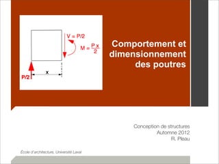 Comportement et 
dimensionnement 
des poutres 
Conception de structures 
Automne 2012 
R. Pleau 
École d’architecture, Université Laval 
 