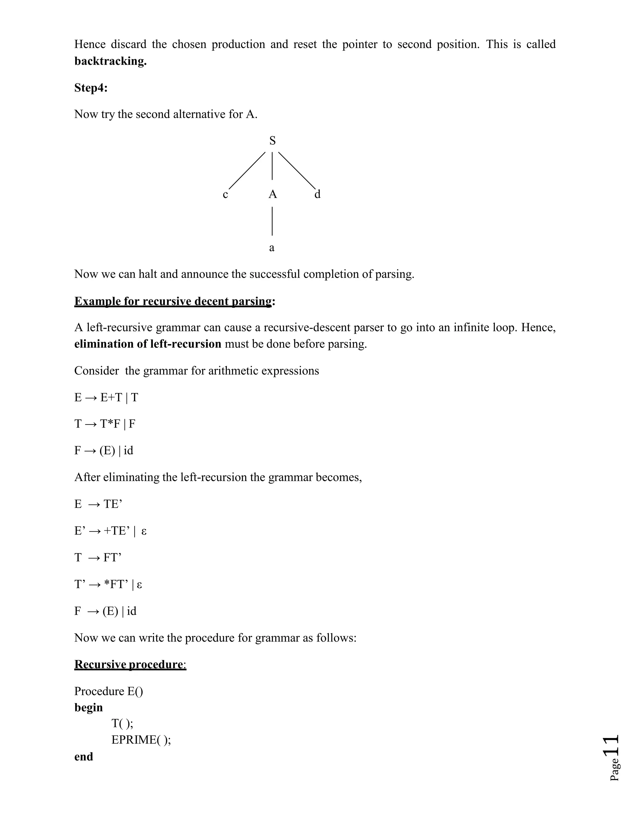Page
11
Hence discard the chosen production and reset the pointer to second position. This is called
backtracking.
Step4:
Now try the second alternative for A.
S
c A d
a
Now we can halt and announce the successful completion of parsing.
Example for recursive decent parsing:
A left-recursive grammar can cause a recursive-descent parser to go into an infinite loop. Hence,
elimination of left-recursion must be done before parsing.
Consider the grammar for arithmetic expressions
E → E+T | T
T → T*F | F
F → (E) | id
After eliminating the left-recursion the grammar becomes,
E → TE’
E’ → +TE’ | ε
T → FT’
T’ → *FT’ | ε
F → (E) | id
Now we can write the procedure for grammar as follows:
Recursive procedure:
Procedure E()
begin
end
T( );
EPRIME( );
 