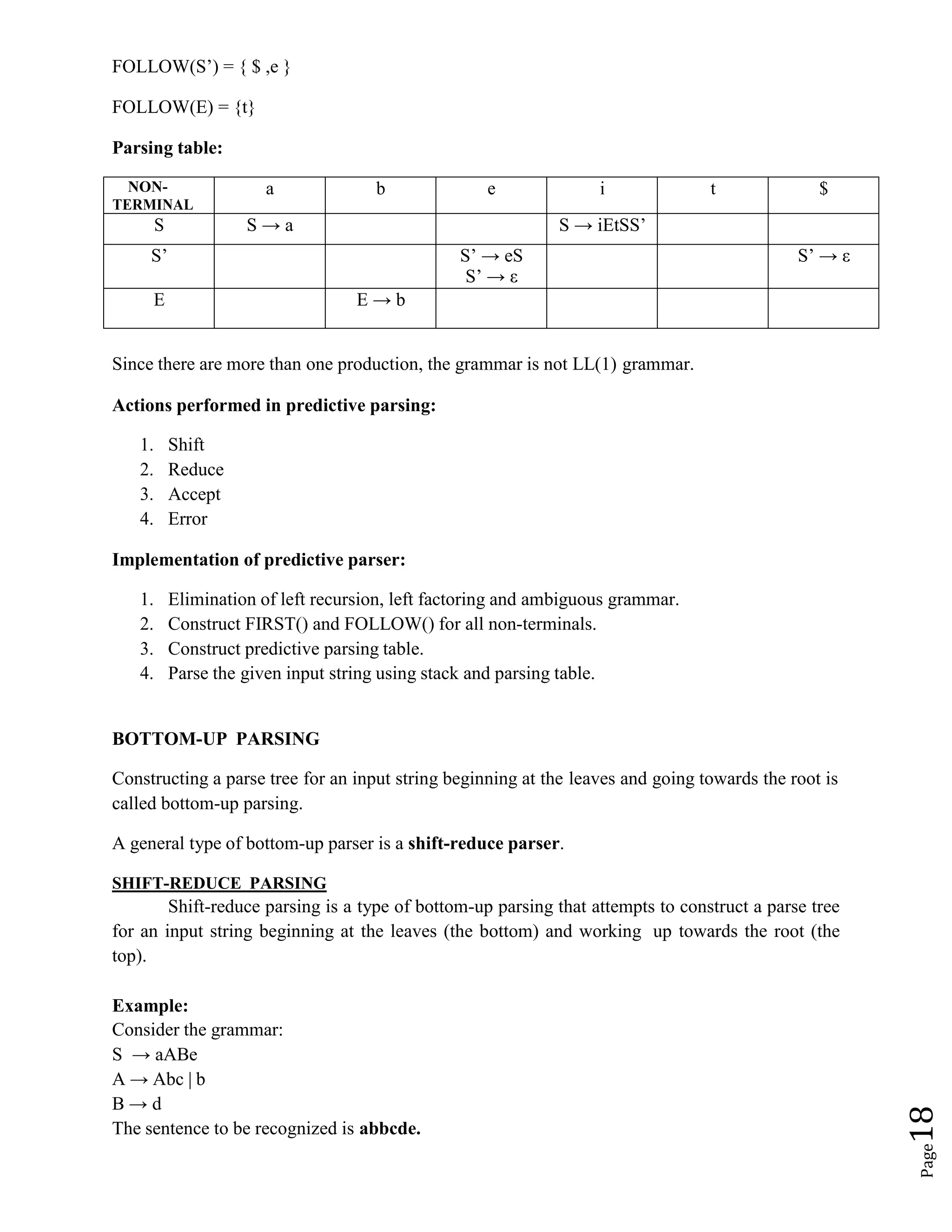 Page
18
FOLLOW(S’) = { $ ,e }
FOLLOW(E) = {t}
Parsing table:
NON-
TERMINAL
a b e i t $
S S → a S → iEtSS’
S’ S’ → eS
S’ → ε
S’ → ε
E E → b
Since there are more than one production, the grammar is not LL(1) grammar.
Actions performed in predictive parsing:
1. Shift
2. Reduce
3. Accept
4. Error
Implementation of predictive parser:
1. Elimination of left recursion, left factoring and ambiguous grammar.
2. Construct FIRST() and FOLLOW() for all non-terminals.
3. Construct predictive parsing table.
4. Parse the given input string using stack and parsing table.
BOTTOM-UP PARSING
Constructing a parse tree for an input string beginning at the leaves and going towards the root is
called bottom-up parsing.
A general type of bottom-up parser is a shift-reduce parser.
SHIFT-REDUCE PARSING
Shift-reduce parsing is a type of bottom-up parsing that attempts to construct a parse tree
for an input string beginning at the leaves (the bottom) and working up towards the root (the
top).
Example:
Consider the grammar:
S → aABe
A → Abc | b
B → d
The sentence to be recognized is abbcde.
 