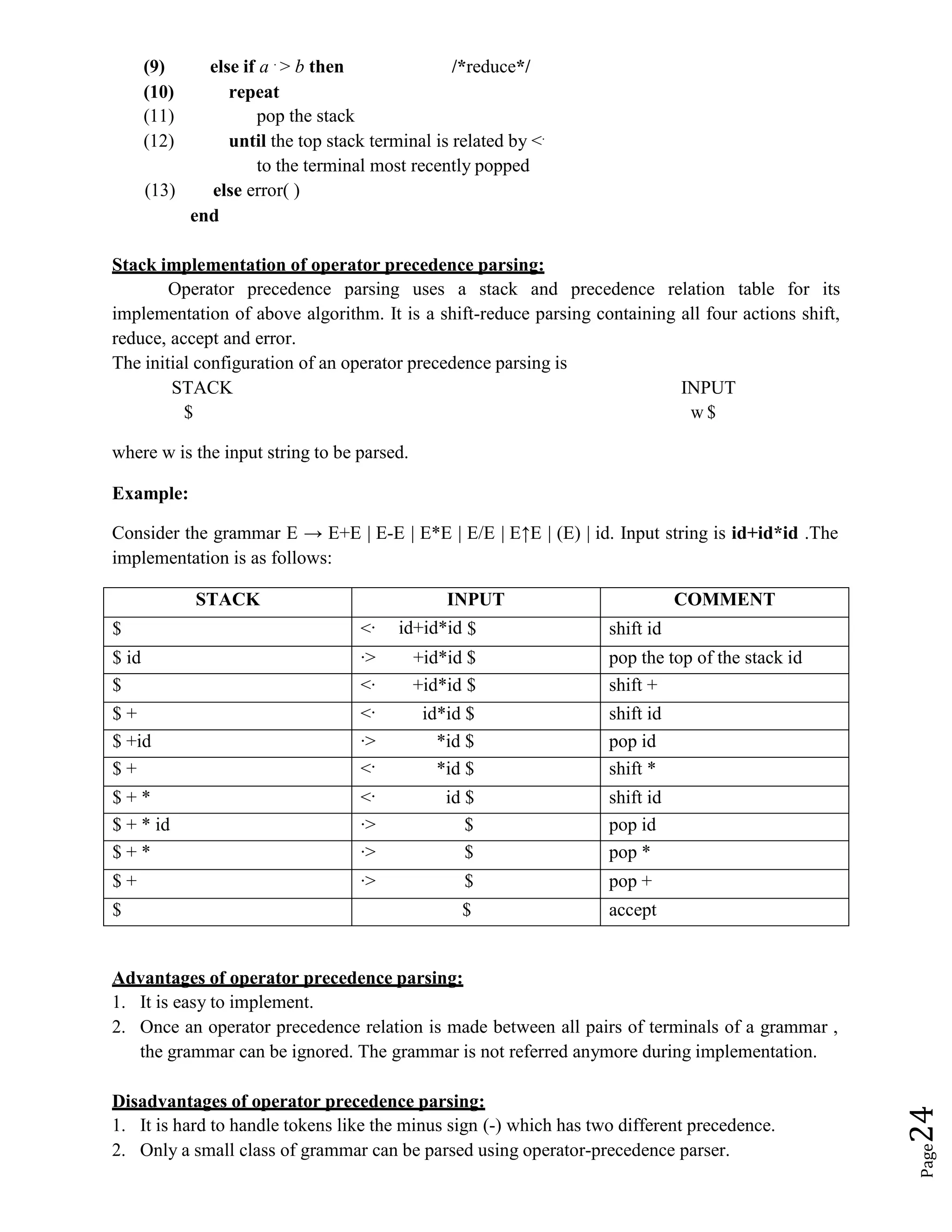 Page
24
(9) else if a .
> b then /*reduce*/
(10) repeat
(11) pop the stack
(12) until the top stack terminal is related by <.
to the terminal most recently popped
(13) else error( )
end
Stack implementation of operator precedence parsing:
Operator precedence parsing uses a stack and precedence relation table for its
implementation of above algorithm. It is a shift-reduce parsing containing all four actions shift,
reduce, accept and error.
The initial configuration of an operator precedence parsing is
STACK INPUT
$ w $
where w is the input string to be parsed.
Example:
Consider the grammar E → E+E | E-E | E*E | E/E | E↑E | (E) | id. Input string is id+id*id .The
implementation is as follows:
STACK INPUT COMMENT
$ <∙ id+id*id $ shift id
$ id ∙> +id*id $ pop the top of the stack id
$ <∙ +id*id $ shift +
$ + <∙ id*id $ shift id
$ +id ∙> *id $ pop id
$ + <∙ *id $ shift *
$ + * <∙ id $ shift id
$ + * id ∙> $ pop id
$ + * ∙> $ pop *
$ + ∙> $ pop +
$ $ accept
Advantages of operator precedence parsing:
1. It is easy to implement.
2. Once an operator precedence relation is made between all pairs of terminals of a grammar ,
the grammar can be ignored. The grammar is not referred anymore during implementation.
Disadvantages of operator precedence parsing:
1. It is hard to handle tokens like the minus sign (-) which has two different precedence.
2. Only a small class of grammar can be parsed using operator-precedence parser.
 