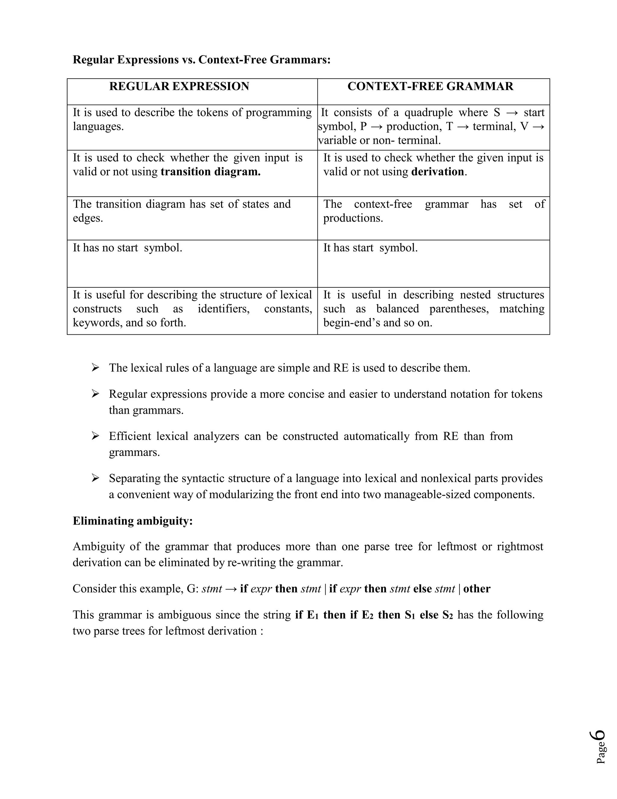 Page
6
Regular Expressions vs. Context-Free Grammars:
REGULAR EXPRESSION CONTEXT-FREE GRAMMAR
It is used to describe the tokens of programming
languages.
It consists of a quadruple where S → start
symbol, P → production, T → terminal, V →
variable or non- terminal.
It is used to check whether the given input is
valid or not using transition diagram.
It is used to check whether the given input is
valid or not using derivation.
The transition diagram has set of states and
edges.
The context-free
productions.
grammar has set of
It has no start symbol. It has start symbol.
It is useful for describing the structure of lexical
constructs such as identifiers, constants,
keywords, and so forth.
It is useful in describing nested structures
such as balanced parentheses, matching
begin-end’s and so on.
 The lexical rules of a language are simple and RE is used to describe them.
 Regular expressions provide a more concise and easier to understand notation for tokens
than grammars.
 Efficient lexical analyzers can be constructed automatically from RE than from
grammars.
 Separating the syntactic structure of a language into lexical and nonlexical parts provides
a convenient way of modularizing the front end into two manageable-sized components.
Eliminating ambiguity:
Ambiguity of the grammar that produces more than one parse tree for leftmost or rightmost
derivation can be eliminated by re-writing the grammar.
Consider this example, G: stmt → if expr then stmt | if expr then stmt else stmt | other
This grammar is ambiguous since the string if E1 then if E2 then S1 else S2 has the following
two parse trees for leftmost derivation :
 