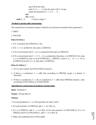 Page
15
pop X from the stack;
push Yk, Yk-1, … ,Y1 onto the stack, with Y1 on top;
output the production X → Y1 Y2 . . . Yk
end
else error()
until X = $ /* stack is empty */
Predictive parsing table construction:
The construction of a predictive parser is aided by two functions associated with a grammar G :
1. FIRST
2. FOLLOW
Rules for first( ):
1. If X is terminal, then FIRST(X) is {X}.
2. If X → ε is a production, then add ε to FIRST(X).
3. If X is non-terminal and X → aα is a production then add a to FIRST(X).
4. If X is non-terminal and X → Y1 Y2…Yk is a production, then place a in FIRST(X) if for some
i, a is in FIRST(Yi), and ε is in all of FIRST(Y1),…,FIRST(Yi-1); that is, Y1,….Yi-1 => ε. If ε is
in FIRST(Yj) for all j=1,2,..,k, then add ε to FIRST(X).
Rules for follow( ):
1. If S is a start symbol, then FOLLOW(S) contains $.
2. If there is a production A → αBβ, then everything in FIRST(β) except ε is placed in
follow(B).
3. If there is a production A → αB, or a production A → αBβ where FIRST(β) contains ε, then
everything in FOLLOW(A) is in FOLLOW(B).
Algorithm for construction of predictive parsing table:
Input : Grammar G
Output : Parsing table M
Method :
1. For each production A → α of the grammar, do steps 2 and 3.
2. For each terminal a in FIRST(α), add A → α to M[A, a].
3. If ε is in FIRST(α), add A → α to M[A, b] for each terminal b in FOLLOW(A). If ε is in
FIRST(α) and $ is in FOLLOW(A) , add A → α to M[A, $].
4. Make each undefined entry of M be error.
 