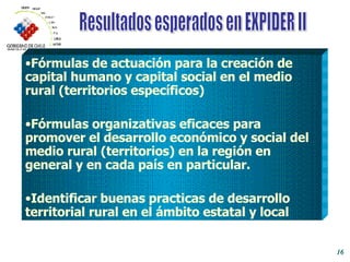 Resultados esperados en EXPIDER II Fórmulas de actuación para la creación de capital humano y capital social en el medio rural (territorios específicos) Fórmulas organizativas eficaces para promover el desarrollo económico y social del medio rural (territorios) en la región en general y en cada país en particular. Identificar buenas practicas de desarrollo territorial rural en el ámbito estatal y local 