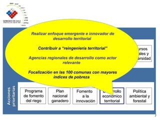 Lineamientos programáticos Chile: potencia agroalimentaria y forestal Desarrollo  de carácter inclusivo Institucio-nalidad  pública SA Agro-  energía Recursos naturales y biodiversidad Ejes fundamentales Acciones prioritarias Programa de fomento del riego Plan nacional ganadero Fomento  a la innovación Desarrollo económico territorial Política ambiental y forestal Realizar enfoque emergente e innovador de desarrollo territorial Contribuir a “reingeniería territorial” Agencias regionales de desarrollo como actor relevante   Focalización en las 100 comunas con mayores índices de pobreza  