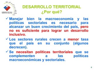 DESARROLLO TERRITORIAL ¿Por qué? Manejar bien la macroeconomía y las políticas sectoriales es necesario para alcanzar un buen crecimiento del país,  pero no es suficiente para lograr un desarrollo inclusivo. Los sectores rurales crecen a  menor  tasa que el país en su conjunto (algunos decrecen). Se  necesitan políticas territoriales  que se complementen a las políticas macroeconómicas y sectoriales. 
