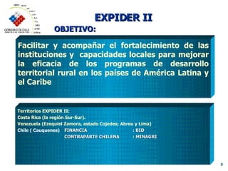 Facilitar y acompañar el   fortalecimiento de las instituciones y  capacidades locales para mejorar la eficacia de los programas de desarrollo territorial rural en los países de América Latina y el Caribe EXPIDER II OBJETIVO: Territorios EXPIDER II: Costa Rica (la región  Sur-Sur ) . Venezuela  (Ezequiel Zamora, estado Cojedes; Abreu y Lima)  Chile ( Cauquenes)   FINANCIA   : BID    CONTRAPARTE CHILENA  : MINAGRI 