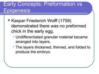 Early Concepts: Preformation vs
Epigenesis
  Kaspar  Friederich Wolff (1759)
   demonstrated there was no preformed
   chick in the early egg.
    Undifferentiated granular material became
     arranged into layers.
    The layers thickened, thinned, and folded to
     produce the embryo.
 