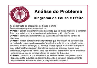 Análise do Problema
                         Diagrama de Causa e Efeito

A) Construção de Diagramas de Causa e Efeito
Devemos seguir quatro passos básicos:
1º Passo: decidir a característica da qualidade que se deseja melhorar e controlar.
Esta característica pode ser definida através de um gráfico de Pareto;
2º Passo: escrever a característica da qualidade à direita da seta central do
diagrama;
3º Passo: indicar os fatores mais importantes que influenciam na característica
da qualidade, relacionando-os aos 6m´s (máquina, mão de obra, método, meio
ambiente, material e medição ou a outros fatores ligados à característica que se
quer trabalhar).Para cada um dos fatores, podem-se adicionar fatores mais
detalhados, traçando-se ramos, cada vez menores, deste modo, se vai ampliando
o diagrama até que se consigam todas as causas de dispersão;
4º Passo: por último, é preciso verificar se todos os fatores que podem causar
dispersão estão incluídos no diagrama. Se estão e se há um estabelecimento
adequado entre a causa e o efeito, o diagrama está completo?
 