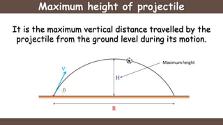 Maximum height of projectile
It is the maximum vertical distance travelled by the
projectile from the ground level during its motion.
Maximum height
θ
v
H
R
 