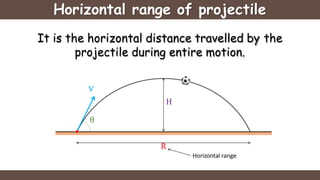 Horizontal range of projectile
Horizontal range
It is the horizontal distance travelled by the
projectile during entire motion.
v
H
θ
R
 