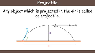 Projectile
Any object which is projected in the air is called
as projectile.
Projectile
θ
v
H
R
 