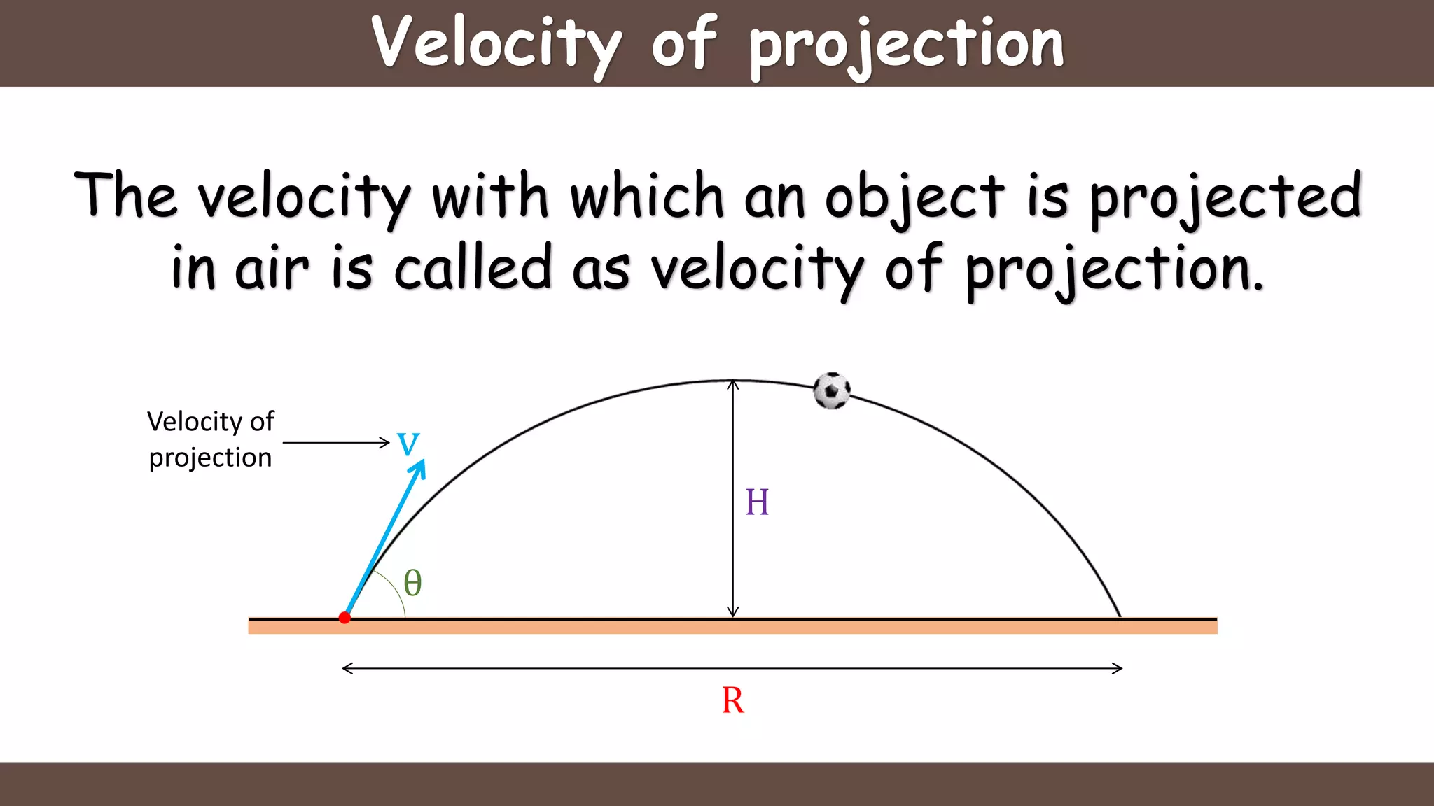 Velocity of projection
The velocity with which an object is projected
in air is called as velocity of projection.
Velocity of
projection
θ
v
H
R
 