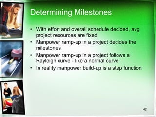 Determining Milestones With effort and overall schedule decided, avg project resources are fixed Manpower ramp-up in a project decides the milestones Manpower ramp-up in a project follows a Rayleigh curve - like a normal curve In reality manpower build-up is a step function 