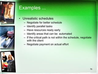 Examples ... Unrealistic schedules Negotiate for better schedule Identify parallel tasks Have resources ready early Identify areas that can be  automated If the critical path is not within the schedule, negotiate with the client Negotiate payment on actual effort 