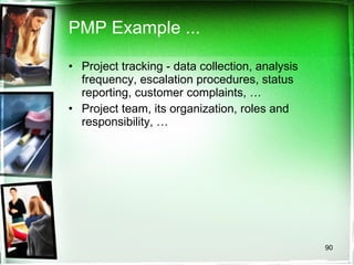PMP Example ... Project tracking - data collection, analysis frequency, escalation procedures, status reporting, customer complaints, … Project team, its organization, roles and responsibility, … 
