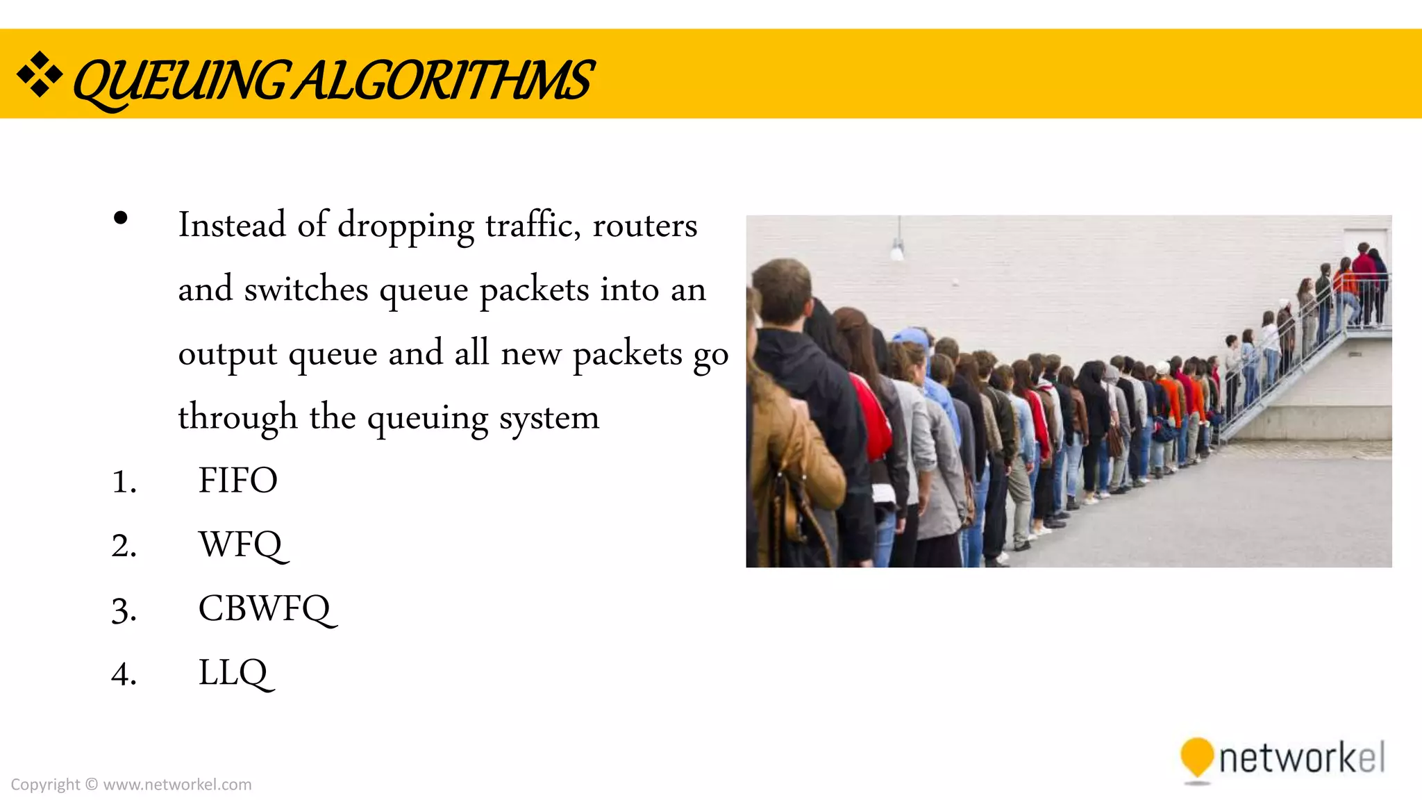 Copyright © www.networkel.com
QUEUINGALGORITHMS
• Instead of dropping traffic, routers
and switches queue packets into an
output queue and all new packets go
through the queuing system
1. FIFO
2. WFQ
3. CBWFQ
4. LLQ
 