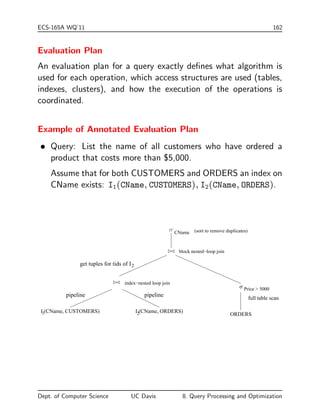 es join condition 
if they do, add tR  tS to the result 
end end end end 
 Also requires no indexes and can be used with any kind of join 
condition. 
 Worst case: db buer can only hold one block of each relation 
=) BR + BR  BS disk accesses. 
 Best case: both relations  
