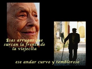 Esas arrugas que
surcan la frente de
la viejecita
ese andar curvo y tembloroso

 